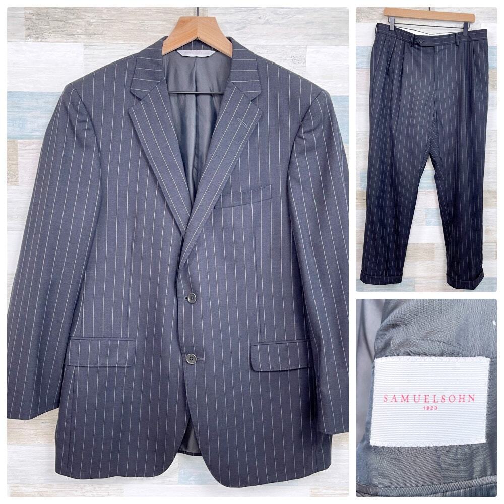 Samuelsohn Wool Beckett Super 120s Suit Charcoal Gray Stripe Mens 42R 34x30